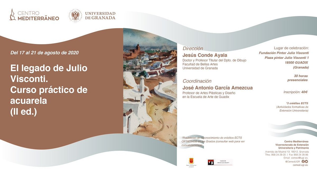 🎨¡Pinta tus días de verano con este curso de acuarela en Bellas Artes!

🗓Del 17 al 21 de agosto.

🌍Plazas abiertas a toda la sociedad.

ℹ️Más información y matriculación en: cemed.ugr.es/curso/19gu02/