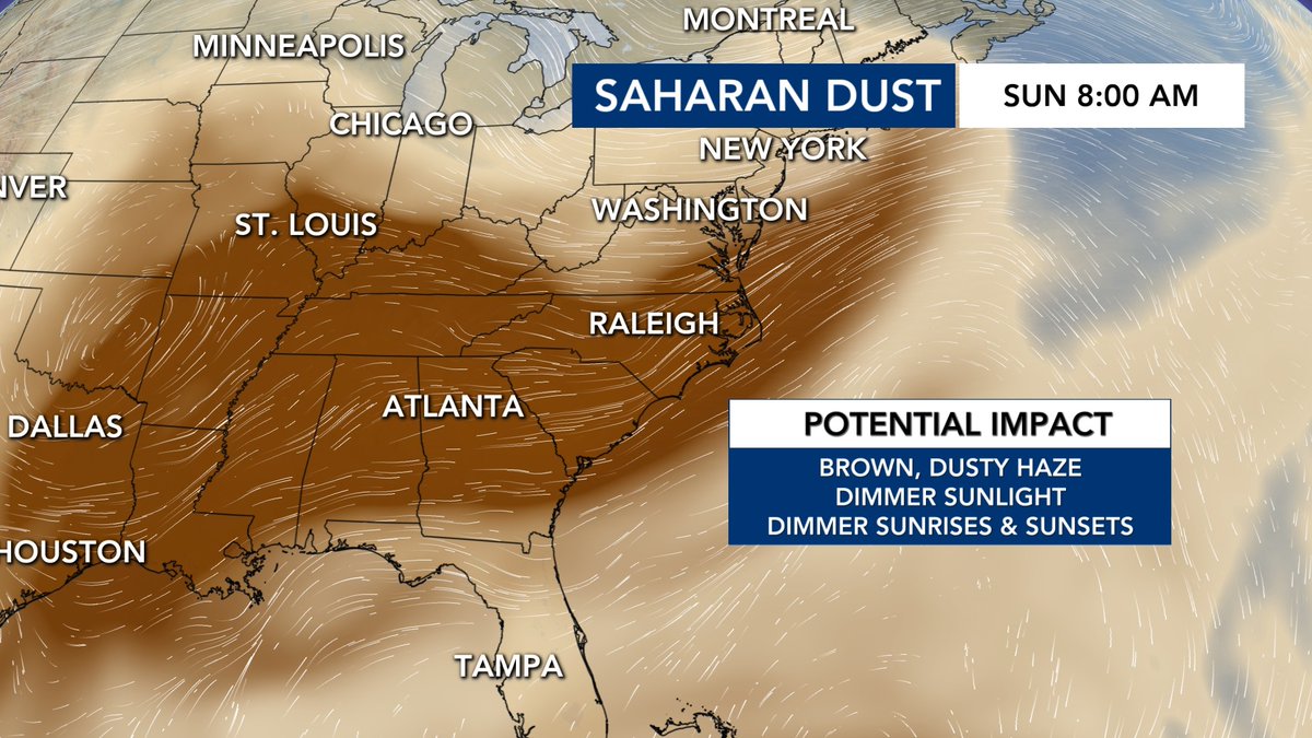 JoeFisherTV's tweet photo. This is so interesting! We could see dust in #NorthCarolina by the weekend. @wralweather reports the dust could dim the sunlight as a massive Saharan dust cloud moves across the southeast. >> STORY: https://t.co/aPmBmkP6a7 #wral https://t.co/4IMPnJpO8z