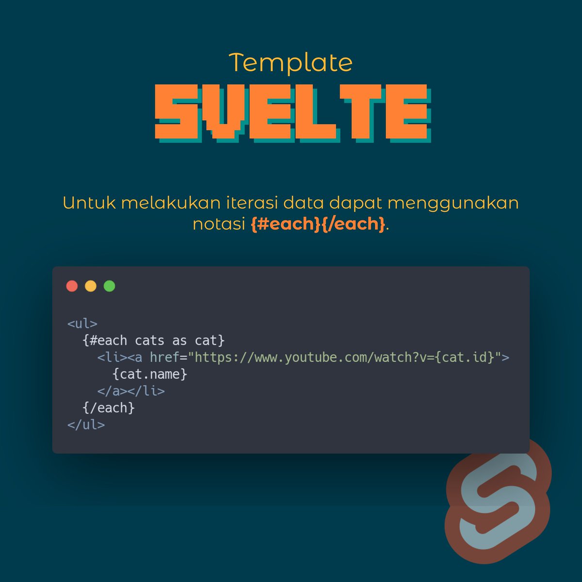 rizafahmi22's tweet image. Sekarang kita akan membahas tentang bahasa template yang digunakan #sveltejs. Karena HTML belum mendukung kondisi dan iterasi, svelte menyediakan keduanya.
#webdevelopment #webframework #javascript #developer #webdeveloper #sveltips