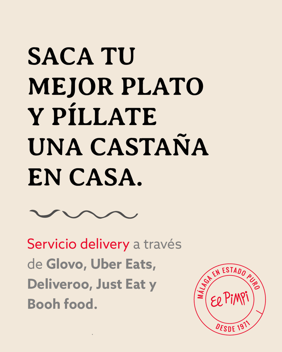 ElPimpiMalaga's tweet photo. Saca tu mejor plato y píllate una castaña en casa.  

Pide los clásicos de #ElPimpi a través de @Glovo_ES @UberEats @Deliveroo_ES @JustEat_es o ☎ 951 61 53 30 y date un homenaje en familia 👨‍👩‍👦‍👦

#GastroPimpi #Jamon #Farajan #ComidaaDomicilio #ServioaDomicilio #Malaga https://t.co/9MvAHDTsvM