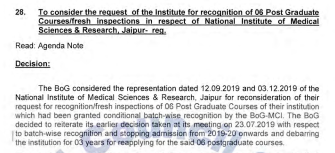National Institute of Medical Sciences, Jaipur where  #Patanjali conducted trials for its Corona medicine with 69 patients, has been asked by Medical Council of India to stop admissions for 6 PG courses and debarred it for 3 years from even reapplying to start these courses.