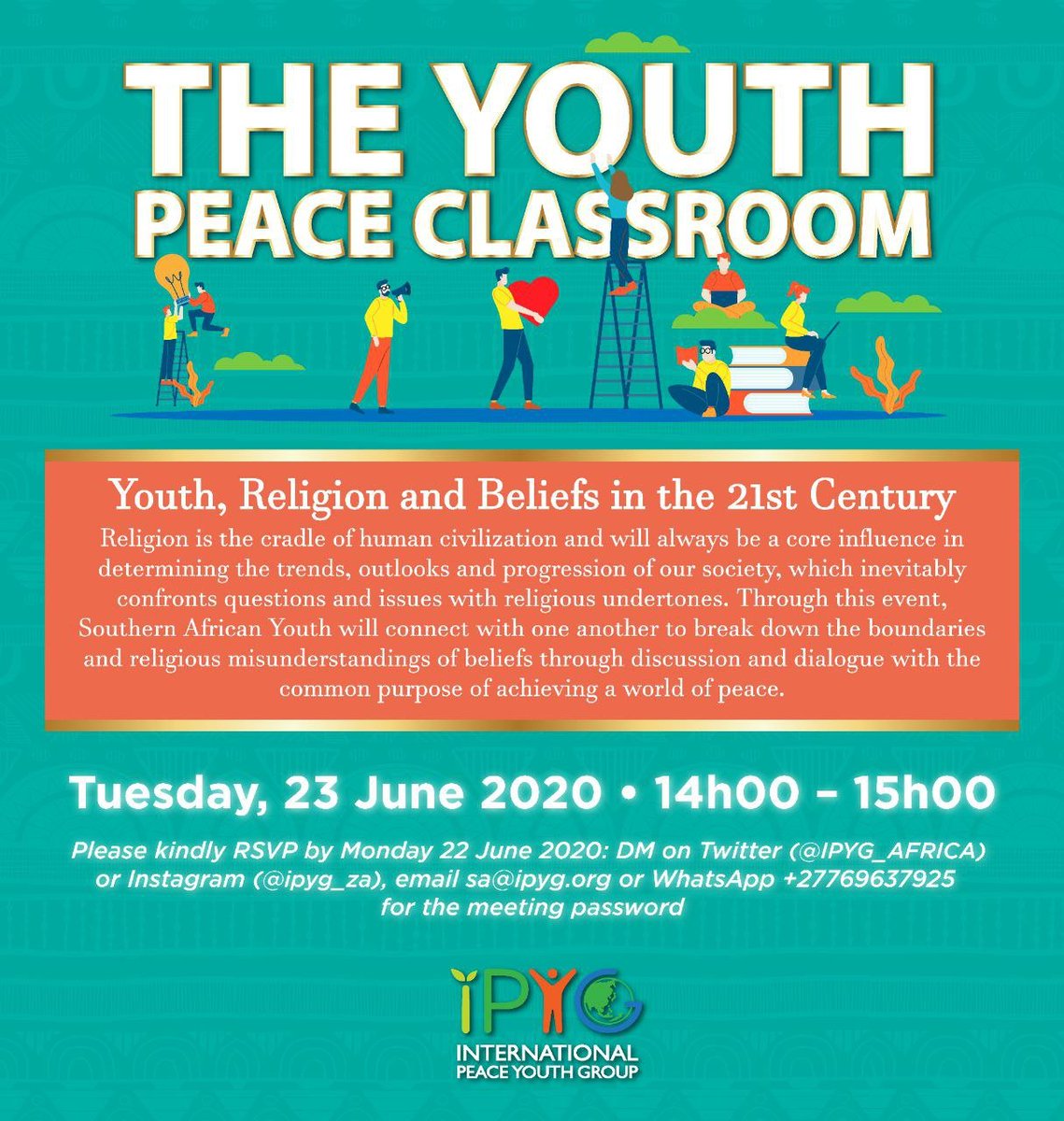 IPYG_AFRICA's tweet photo. Catch us at 14:00 SAST in the #IPYGClassroom as we tackle all things religious!
#religiousfreedom #holywar #spirituality #satanicchurch
#interfaith
Register here: https://t.co/nRVQZXoKIE
Alternatively use the Meeting π 878 4763 5061
Password: classroom3 https://t.co/zrL6lijqPY