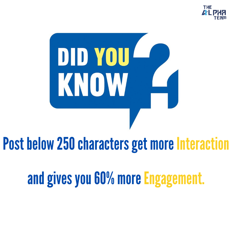 thealphateam4's tweet photo. The level of Social Media engagement depends on the number of characters used in a post.
Increase the engagement rate to 60% by keeping only 250 characters in your post.
#TheAlphaTeam #DigitalMarketing #SocialMediaEngagement https://t.co/SJIVa8jmST