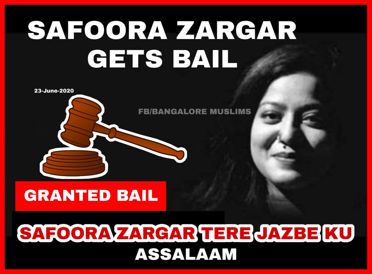 MuslimsVoiceInd's tweet photo. Safoora Zargar Gets Bail | Safoora Zargar tere Jazbe ku Assalaam. 
#DelhiHighCourt #Safoora_Zargar https://t.co/MD93ewp7hH