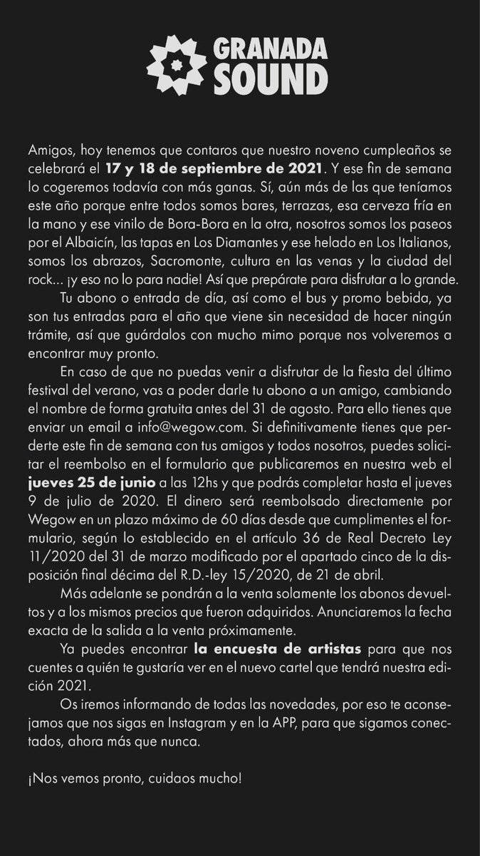 GranadaSound's tweet photo. 🔲 COMUNICADO OFICIAL ||🔲
🔜 ¡Nos vemos el 17 y 18 de septiembre de 2021!
➖
¡PARTICIPA EN LA ENCUESTA DE ARTISTAS 2021 Y GANA UN ABONO DOBLE!
📲 https://t.co/trnjHxAo48
➖
¡Esto no lo para nadie! 🖤
#GranadaSound2021 https://t.co/RiDyJVvyVw
