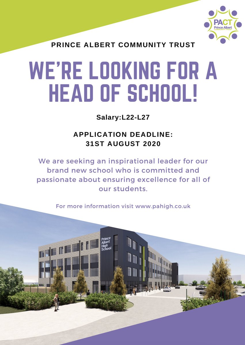 We are delighted to be advertising our first ever post for PA High. 

Could you be our first ever Head of School? 

Head to ➡️ pact.bham.sch.uk/index.php/care… for more information and how you can apply. 

 #JointhePACT #PACT #PAHigh #Education #Vacancy #HeadofSchool #Leadership #2021