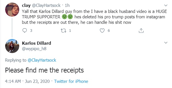 A Twitter user earlier this morning pointed out how Karlos Dillard used to be a "huge Trump supporter" and Dillard responded by denying the claim, writing: "Please find me the receipts."