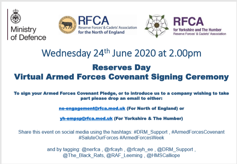 OcayYork's tweet photo. The Reserves Day Virtual Armed Forces Covenant Singing Ceremony takes place tomorrow. Please see pictures below for more info #DRM_Support #ArmedForcesCovenant #SaluteOurForces #ArmedForcesWeek @nerfca
 @RFCAYH_EE
 @DRM_Support
 @The_Black_Rats
 @RAF_Leeming
 @HMSCalliope https://t.co/rSJwpkVf4R