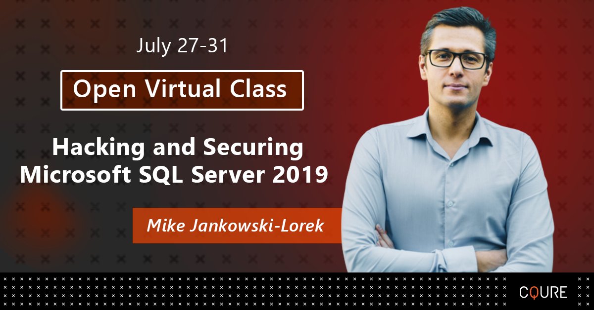 CQUREAcademy's tweet image. Knock, knock, we have prepared another portion of our Open Virtual Classes! 📙 

Join us on July 27-31 and become a PRO in Hacking and Securing SQL Server with @MJL_PL: bit.ly/30SeARb 

It’s time to hack your system! 💪🏼 

#stayCQURE #SQL #SQLsecurity