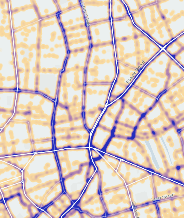 Where the bicycles went: Heatmap from Uber Movement, showing routes in north London taken on bright red JUMP pedelecs in Q1 this year. Weekend hotspots include Broadway Market, Highbury &amp; KX Central. Weekday flows mainly north-south to the City boundary: mappinglondon.co.uk/2020/jump-bike…