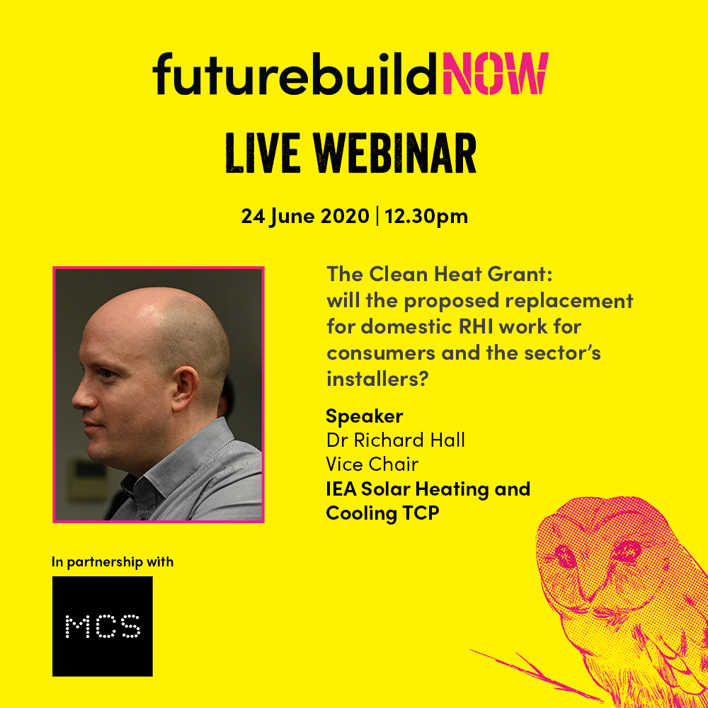 FuturebuildNow's tweet photo. Richard Hall @TranspiredSolar joins the panel on tomorrow's #cleanheat webinar. He'll be discussing International Deployment Comparisons and the area of solar thermal. Register for your free place today https://t.co/sjt20TL6yP #solarthermal #energy #cleanheat #taskforce #webinar https://t.co/NEqqZkv1QD
