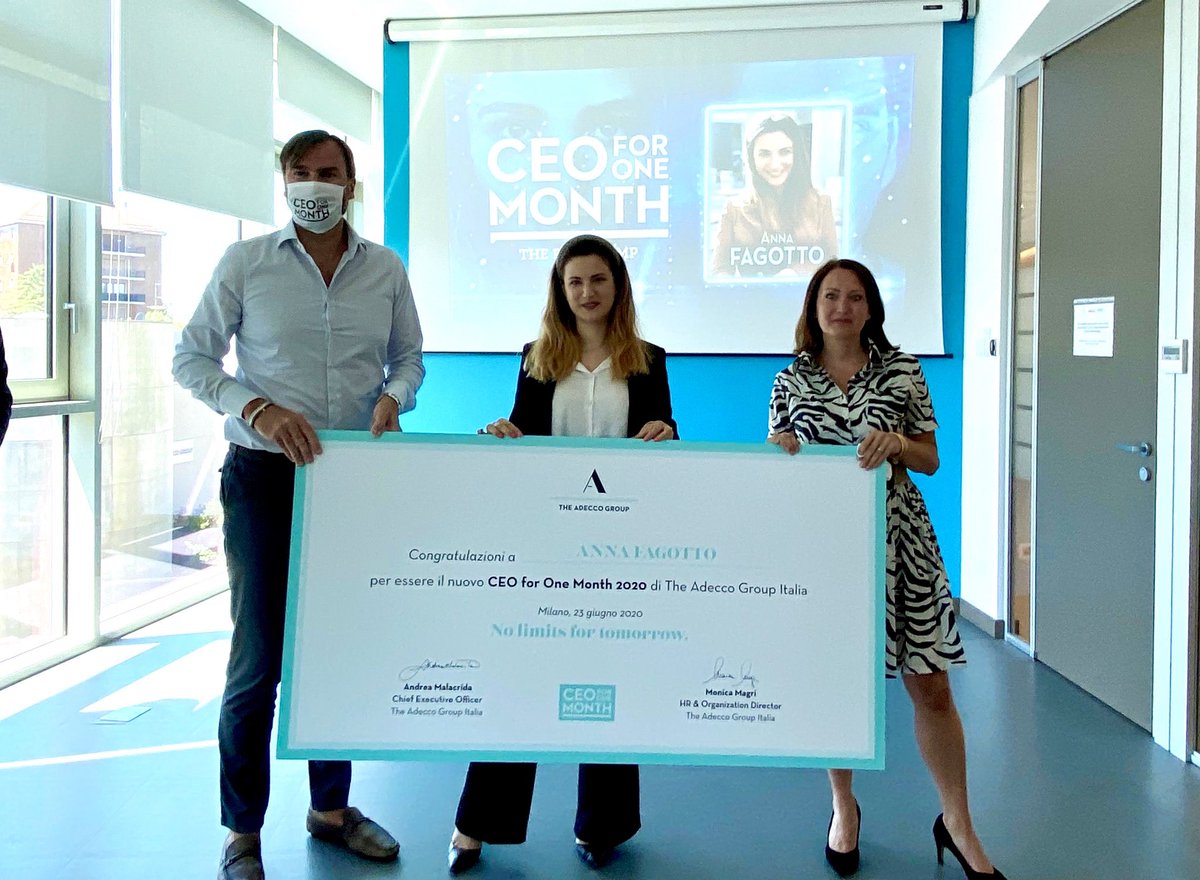 _monicamagri's tweet photo. Complimenti e benvenuta ad @AnnaFag8 nuovo #CEO1MONTH di @AdeccoGroupITA che affiancherà @aamalacrida per il prossimo mese. Complimenti anche agli altri due finalisti @Mgallese97 e Beatrice Barba per essere arrivati fino al colloquio finale, partendo da 11.600 candidati. https://t.co/t5NF1Jm6V8