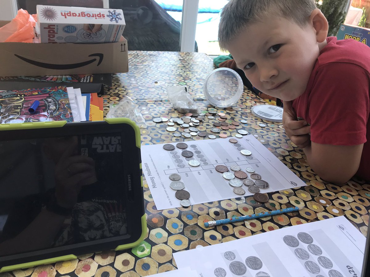 CoachGregPT's tweet photo. Todayβs money maths lesson with notes this time was really enjoyed by William, especially after hot day PE and a scoot to the post office! Shame the bank of #DaddySchool does have any real Β£50s luckily his little brother loaned us his toy shop notes! @MissDrury1 @WhiteCourtScho1 https://t.co/d010ntNnAX