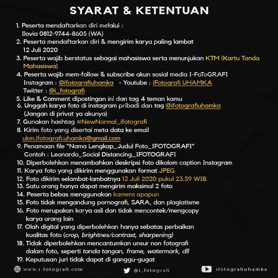 .
📷 I-FOTOGRAFI mempersembahkan : 🎉"Lomba Foto Nasional (khusus Mahasiswa)"🎉
.
Yuk segera daftarkan diri kalian dan kirim karya foto terbaik kalian!
.
Lomba Foto ini GRATIS tanpa dipungut biaya apapun!
.
Untuk pendaftaran dan informasi lebih lanjut 
Cp : Ilovia (081297448605)