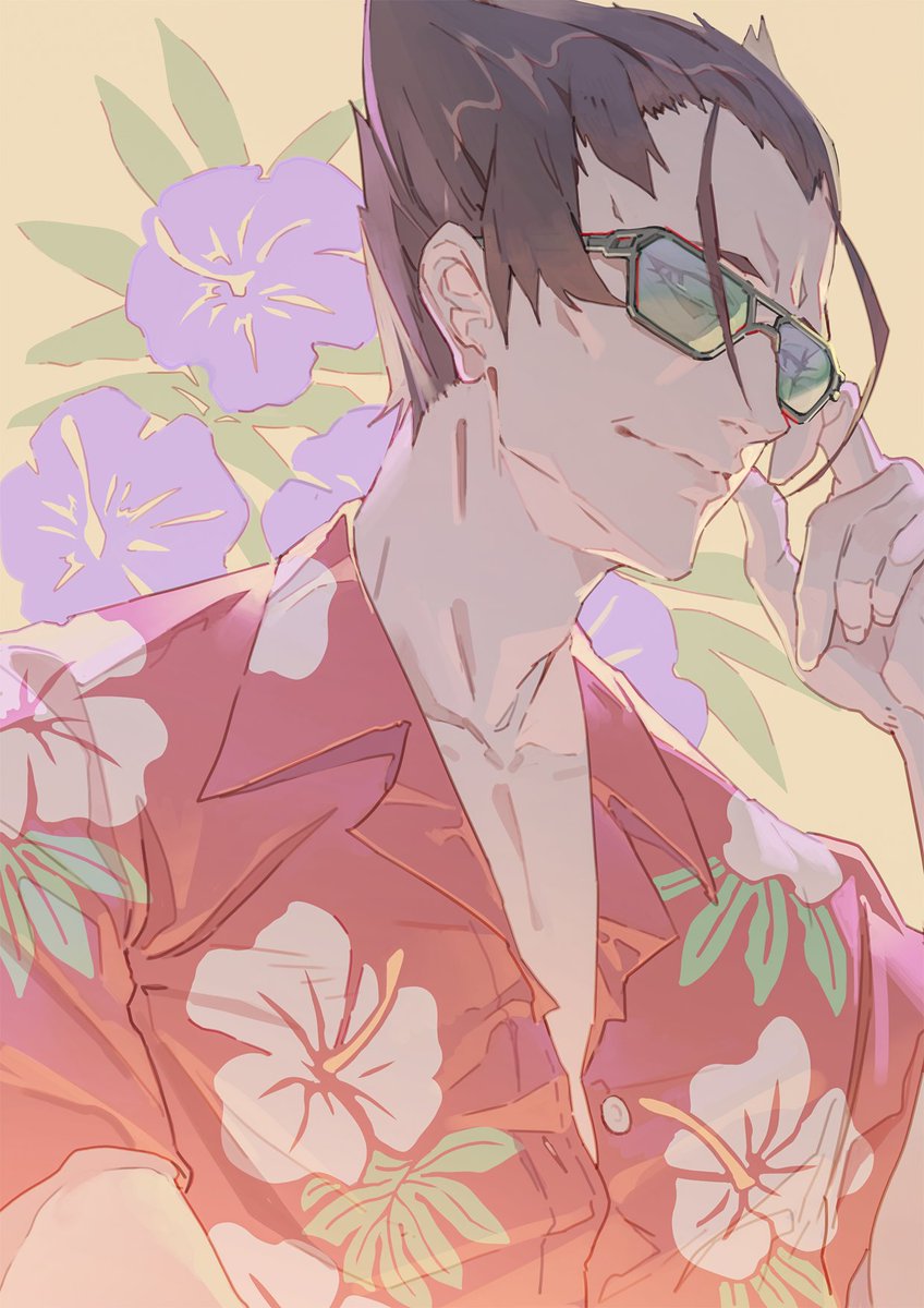 1boy male focus shirt hawaiian shirt solo sunglasses adjusting eyewear  illustration images