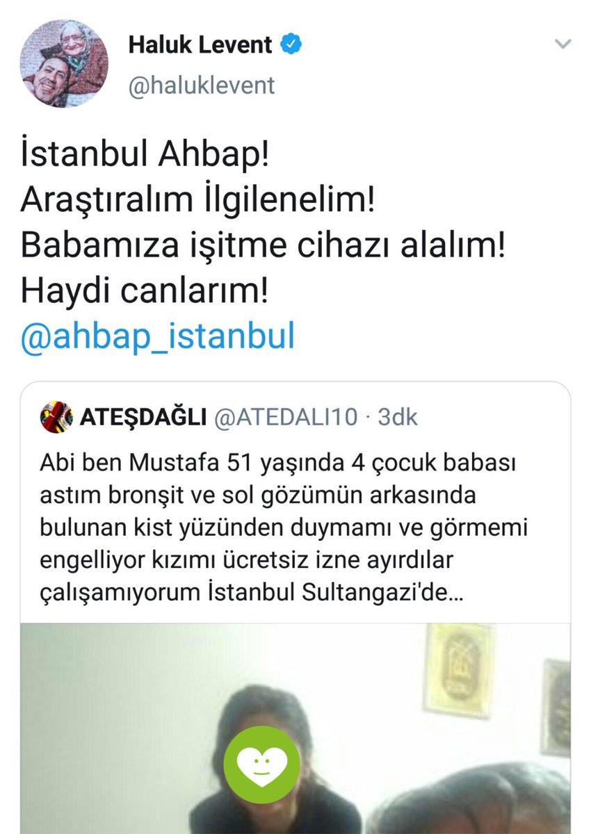 İşitme problemi yaşayan Mustafa Bey’e cihaz için @idisisitme , birikmiş kiraları için G. Emre Bey ve erzak için Ahbaplarımız destek sağladı. Hepsine desteklerinden dolayı çok teşekkür ederiz. Mustafa Bey ve ailesine sağlıklı günler dileriz.💚 @haluklevent @ahbapplatformu