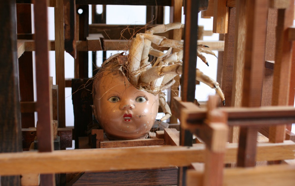 WayneChisnall's tweet photo. 'Crab Doll Chapel' (detail) - one of my mixed media sculptures from 2013. Comprising of a cracked ceramic doll's head, crab leg exoskeletons, & interlocking pieces of found wood.
#mixedmedia #crabdollchapel #foundobjectssculpture #foundobjects #crabs #dolls #sculpture #dollparts https://t.co/8de79MvTbN