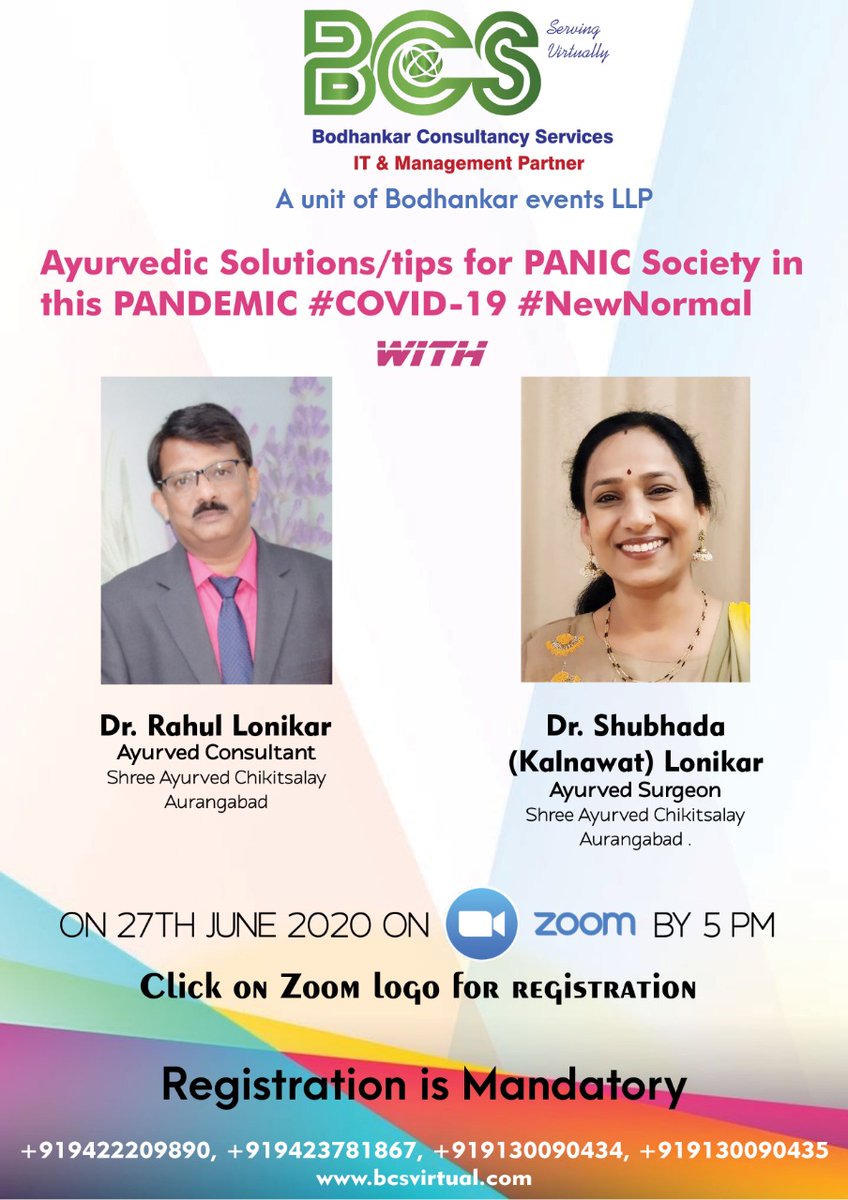 This Saturday get to know more about #Ayurvedic_Tips_For_CORONA in #NewNormal by experts Dr Rahul Lonikar &amp; Dr Shubhada (Kalnawat) Lonikar .. #Serving #Community #Educating #Thankingdoctors #BCS #Bodhankarevents #Webinar #For_Registration click here us02web.zoom.us/meeting/regist……