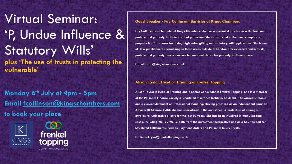 Kings_Chambers's tweet photo. @Kings_Chambers barrister @CollinsonFay is delighted to be joining Alison Taylor, Head of Training @Frenkel_Topping  for a virtual seminar on the topic of 'P, Undue Influence &amp; Statutory Wills'.  

If you are interested in tuning in, contact Fay at fcollinson@kingschambers.com. https://t.co/wEXsDceoJL