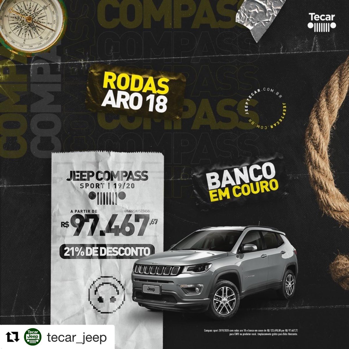 DuduGraffite's tweet photo. Jeep Compass Sport, banco em couro e rodas aro 18. Nesse mês com 21% de desconto, a partir de R$ 97.467,72. Aproveite as condições que só a Tecar tem para sair de carro zero na hora e com o emplacamento garantido
#Tecar #TecarJeep #JeepCompass #CompassSport #BH Bom dia gente!!! https://t.co/IJAsLyUDUE
