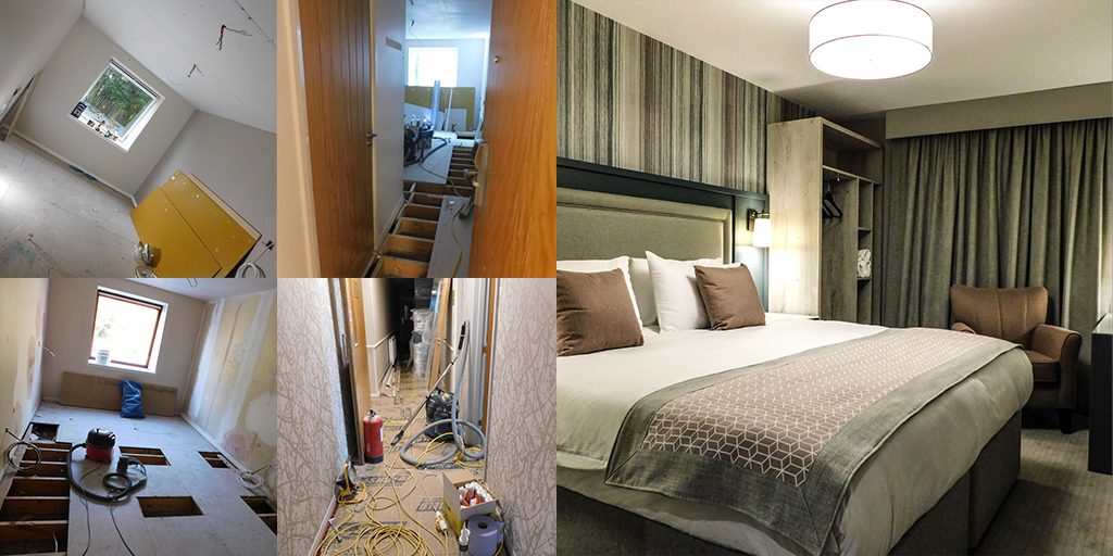 It’s #TransformationTuesday 🔨 Were you following our bedroom refurbishment? We can’t wait for our first guests to stay in these fabulous new rooms after lockdown! #gretnahall #scottishhotel