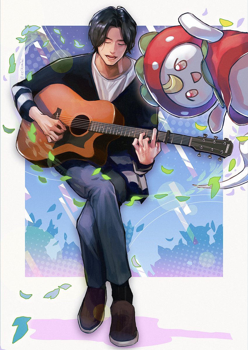 1boy playing instrument instrument male focus black hair guitar crossed legs  illustration images
