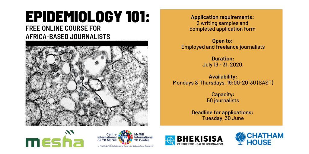 Have you faced difficulties understanding the science behind #COVID19 while covering the pandemic? Then apply for Bhekisisa Centre for Health Journalism's free Epidemiology 101 course for #Africa-based journalists by June 30. Only 50 slots are available. buff.ly/2Y1z745