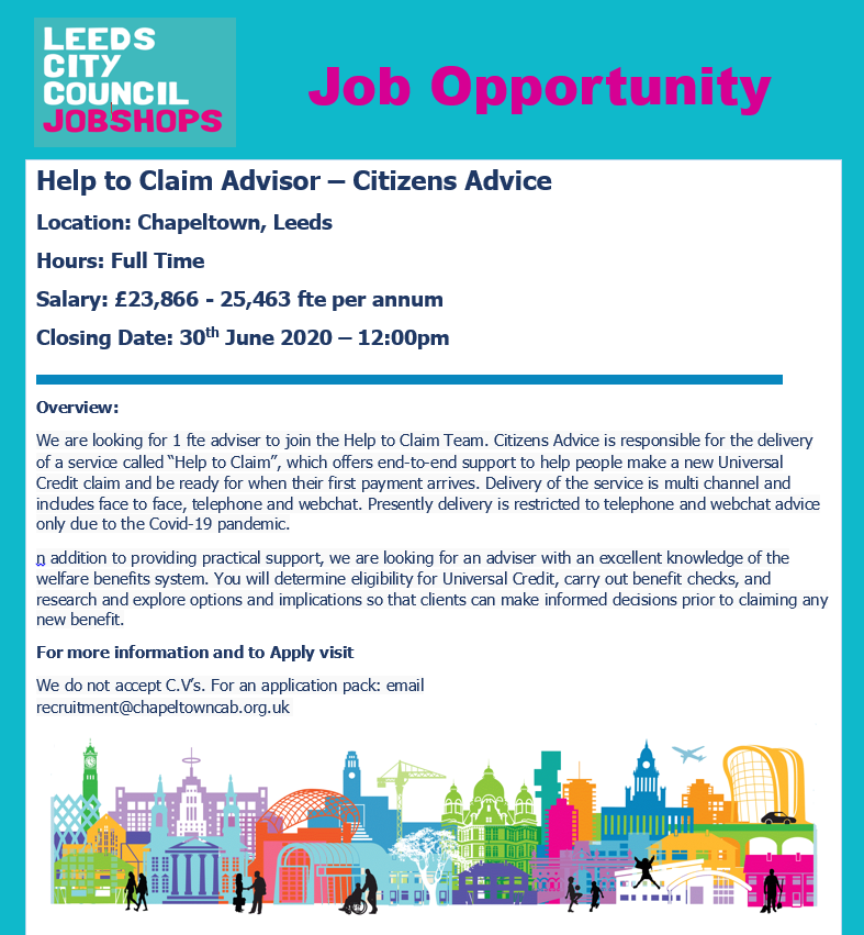 <a href="/ChapeltownCitA/">Chapeltown Citizens Advice</a> in #Chapeltown are looking for ‘Help to Claim Advisor’ to join their busy service. A challenging role delivering a face-to-face service supporting people with Universal Credit. Request an application pack from recruitment@chapeltowncab.org.uk #leedsjobs #vacancy