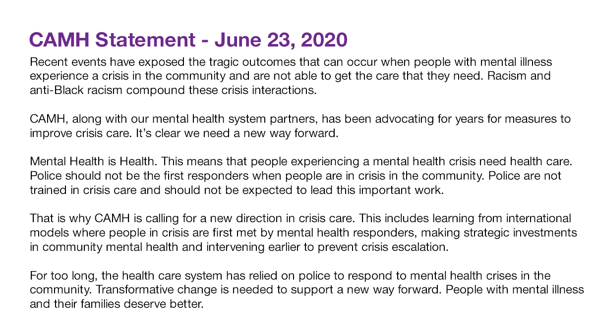 Today, we released the following statement on police interactions with people in mental health crisis. #MentalHealthIsHealth