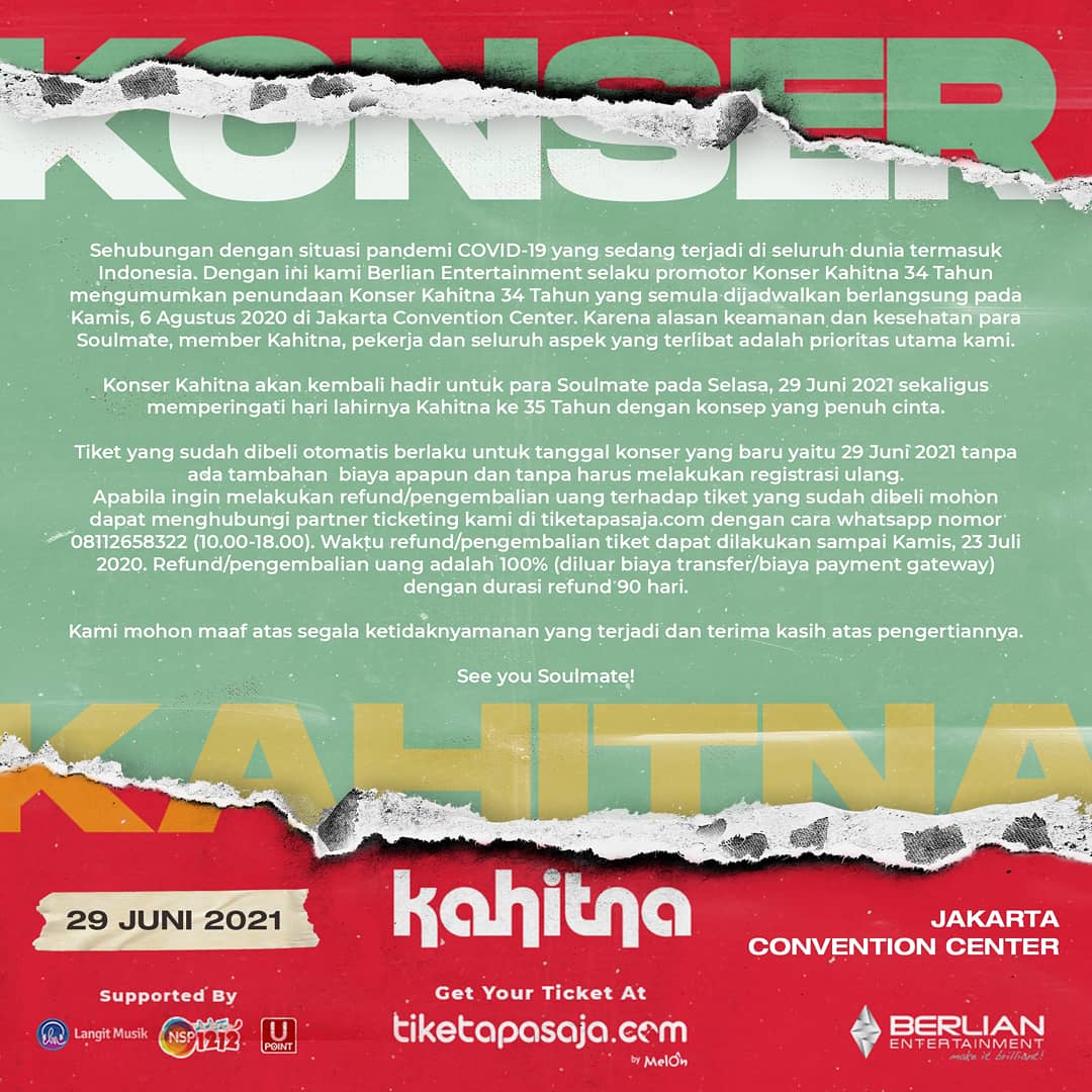 Stay safe and stay healthy Soulmate! Sampai bertemu tahun depan, semoga pandemi ini segera berakhir.
Untuk info lebih lanjut mengenai tiket silahkan menghubungi <a href="/tiketapasaja/">Tiketapasaja</a> dengan cara whatsapp nomor 08112658322 (10.00-18.00).
#KonserKahitna #Kahitna34Tahun #Kahitna