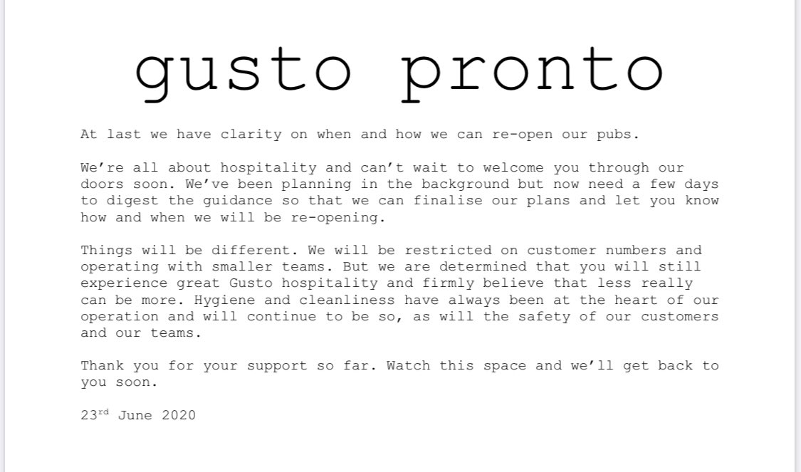 gustopronto's tweet photo. Following the government announcement on the re-opening of hospitality from 4th July, here’s an update from us about @theonebullbury @cadogan_ingham @burybeerhouse @thecrownhartest @thefoxbulmertye. You can also find it on our websites: https://t.co/soxQNJi1Sb https://t.co/duuHKzr8aG