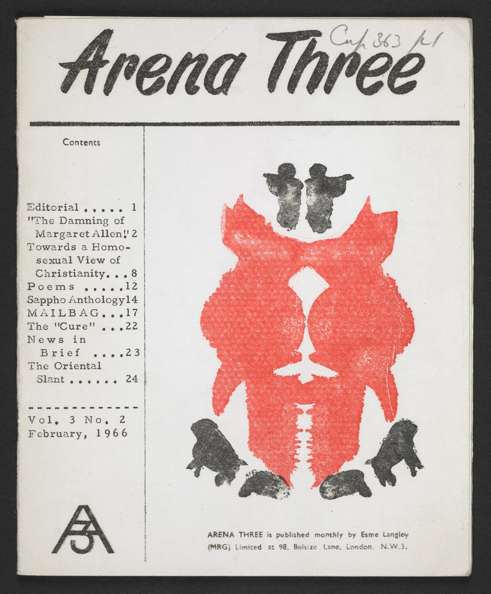 1964: Women associated with the Minorities Research Group begin publishing Arena Three, the country's first lesbian magazine. Many of them would later publish Sappho Magazine in 1972. Find out more via this  @britishlibrary post: https://www.bl.uk/lgbtq-histories/articles/arena-three-britains-first-lesbian-magazine