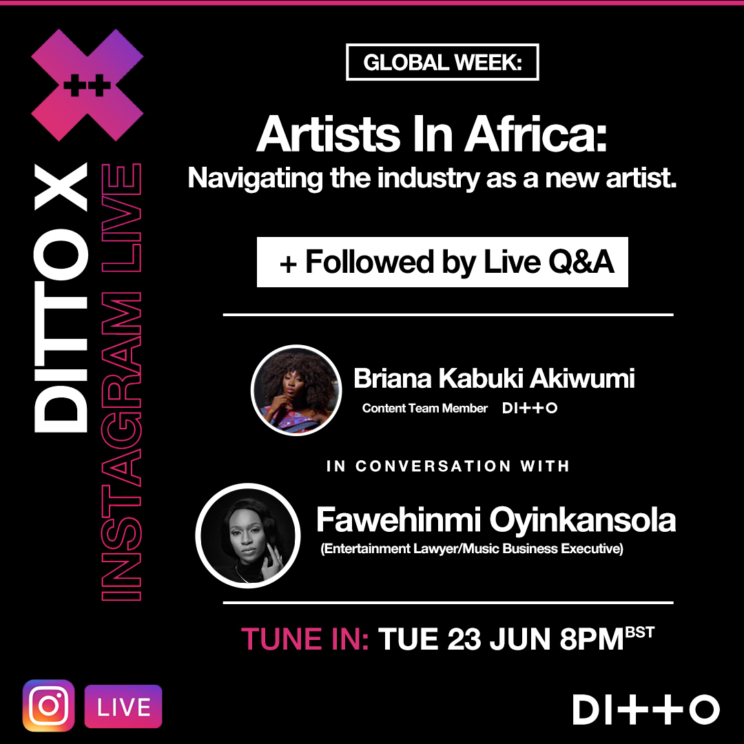 Dittomusic's tweet photo. Up next for #DittoXGlobalWeek is @DittomusicAFR ๐
Ditto Music's content team member Briana will be joined by our friend Fawehinmi, to discuss navigating the music industry as a new artist!
Tune in at 8pm BST here ๐ https://t.co/WbT9f2YT71
#DittoMusic #DittoGlobal https://t.co/0OPamMpjbY