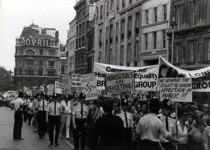 1972: First British Gay Pride Rally held in London with 2000+ people marching. It took place 1st July, the nearest Saturday to the anniversary of the Stonewall riots. The first non-official marches took place in 1970 with 150 men walking through Highbury Fields in North London
