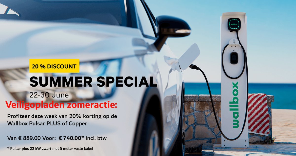 VebeBV's tweet photo. Profiteer deze week van de #Wallbox Zomeractie met 20% korting op o.a.

Wallbox #Pulsar Plus
- Compact ontwerp
- WiFi of Bluetooth verbinding
- Powerboost technologie
- Geïntegreerde DC- lekstroom detectie

Neem contact op met de #Veiligopladen EV-Experts voor meer informatie. https://t.co/rAPl2WCJiN
