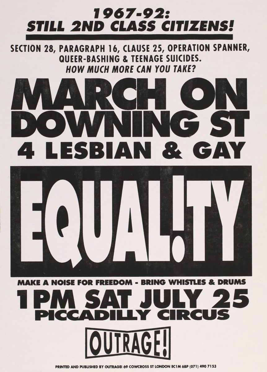 First OutRage! action took place at Hyde Park toilets against Met Police entrapment of gay men cruising. They invaded police stations, exposed police entrapment operations and warned cruisers with leaflets. 1990-1994: number of men convicted for consensual gay sex fell by 2/3rds
