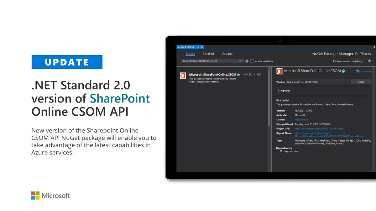 vesajuvonen's tweet image. It&apos;s finally here! .NET Standard 2.0 version of the #SharePoint Online CSOM NuGet package to unblock taking advantage of latest Azure capabilities with your SharePoint Online solutions. See more from developer.microsoft.com/en-us/microsof… #Microsoft365dev #MSDev