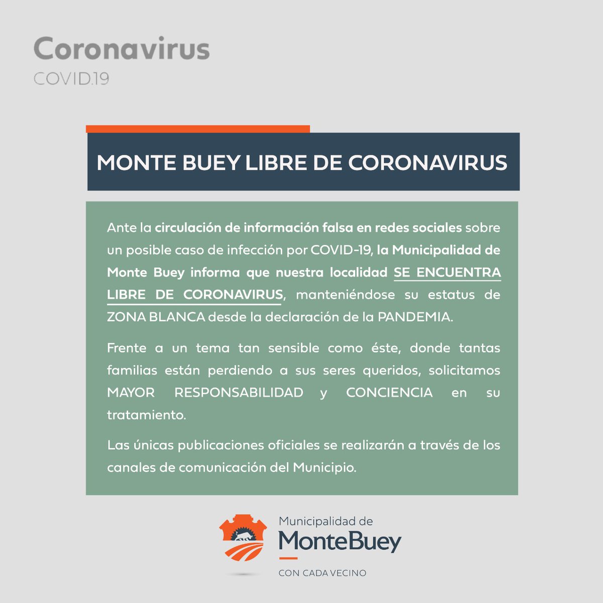 muni_montebuey's tweet photo. ℹ️ #InformaciónImportante
✋ Miles de personas están luchando por sus vidas en los hospitales, tantas familias pierden a sus seres queridos, ¡LA PANDEMIA NO ES BROMA! ✋

#MayorResponsabilidad #MásConciencia
#MunicipalidadMonteBuey
#ConCadaVecino https://t.co/aMT33mkoI6