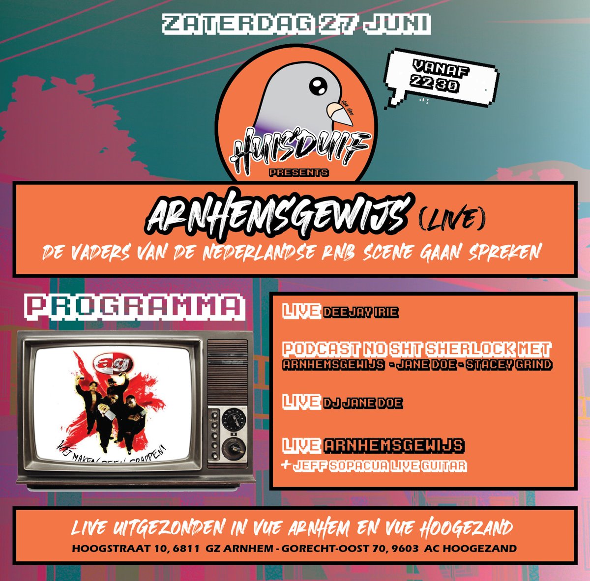 Wie heeft er zin in een feestje? Zaterdagavond 27 juni kunnen we eindelijk met de voetjes van de vloer. We hebben dan een livestream met optredens van verschillende DJ's en een optreden van Arnhemsgewijs. #VueMusic Tickets verkijgbaar via: vuecinemas.nl/films/film/arn…