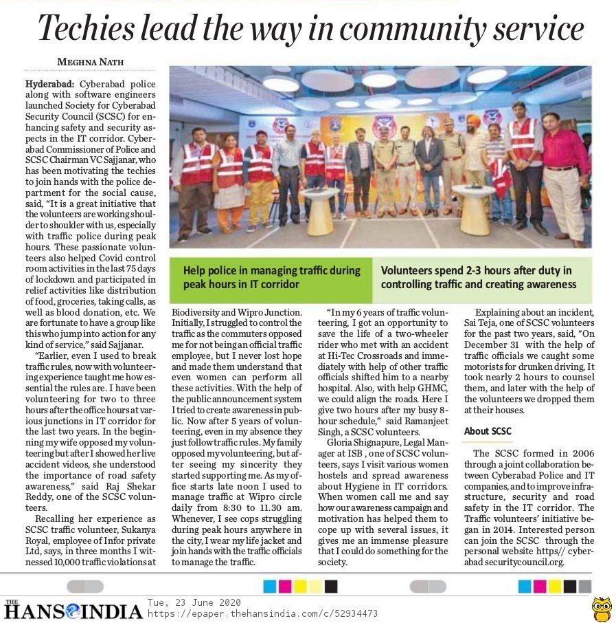 SCSC traffic volunteers news article in 'The Hans India' news paper. 23rd June 2020. 
Thanks @MeghnaNath. 
>>
@SCSC_Cyberabad @royal_sukanya @ActivistTeja @rjsaulakh @jvidyasagar 
>>
@HiHyderabad @HiCyberabad @HydWatch @hyderabad_zone @WithCitizen