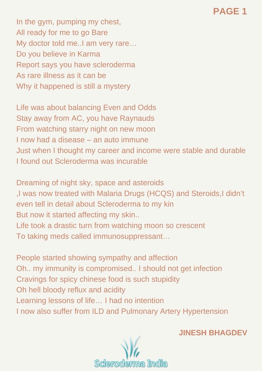 ScleroIndia's tweet photo. #scleroderma #sclerodermaawareness #chronicillness #invisibleillness #juneawarenessmonth
JUNE IS SCLERODERMA AWARENESS MONTH
Warrior @jineshbhagdev Summed up Scleroderma perfectly, in this heartfelt poem
@chronicpainind @SclerodermaL @scleroderma @SclerodermaCAN @IndianRheum https://t.co/ZdN7sMNFxn