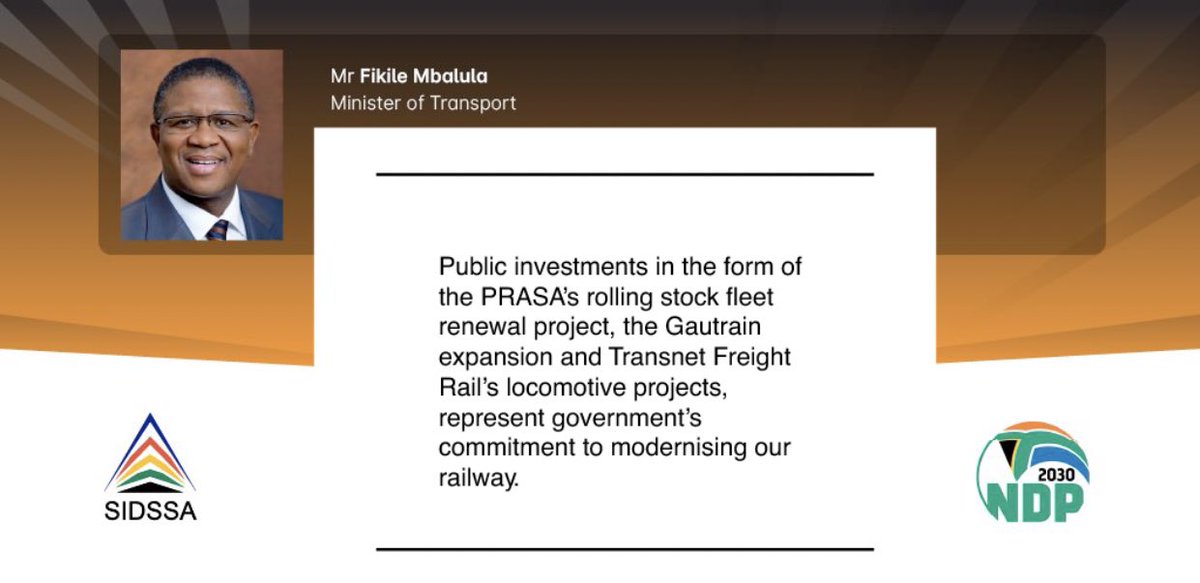 Public investments in the form of the PRASA’s rolling stock fleet renewal project, the Gautrain expansion and Transnet Freight Rail’s locomotive projects, represent government’s commitment to modernising our railway.  #SIDSSA2020