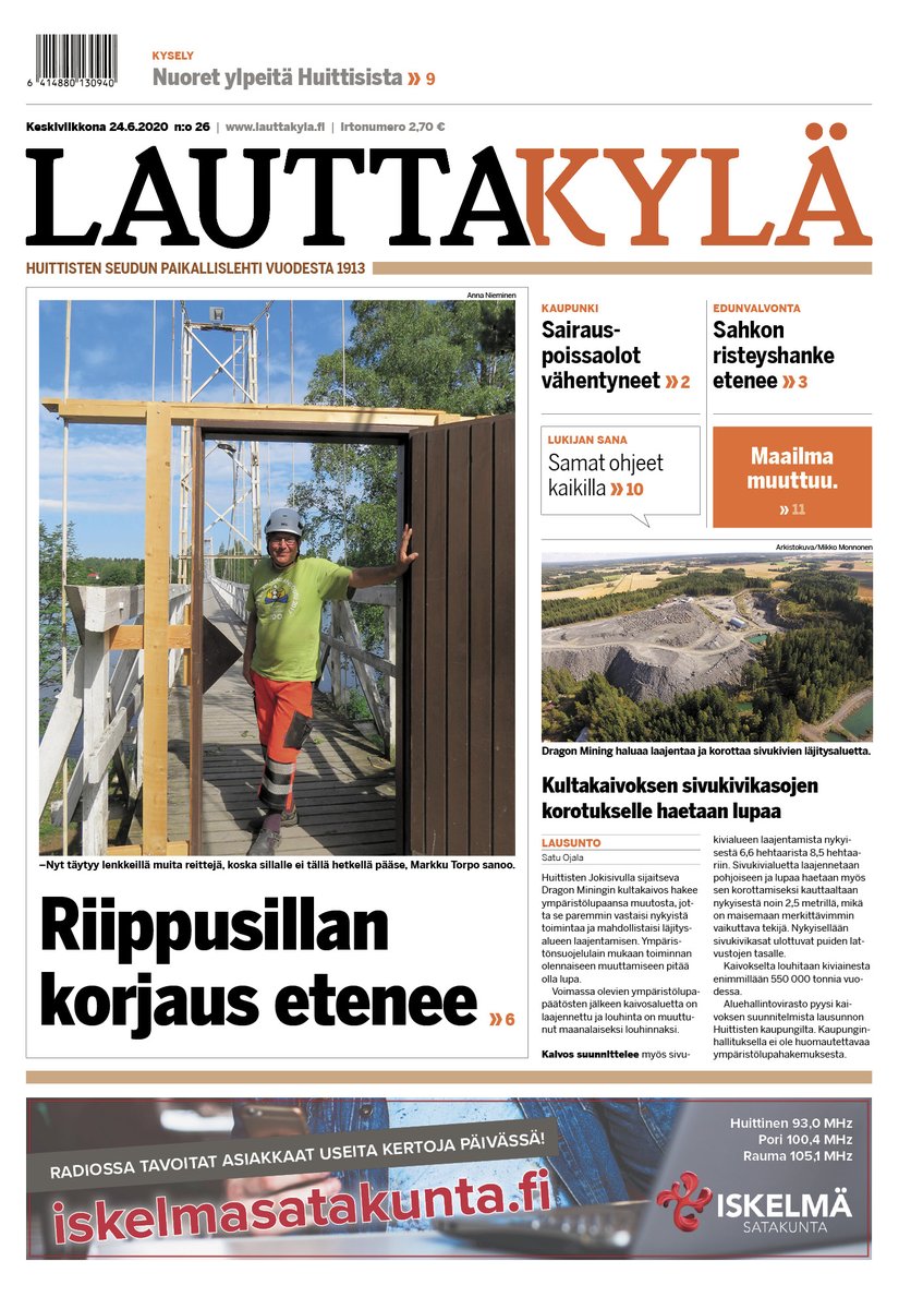 Lauttakyla's tweet image. #Lauttakylä-lehti on jo diginä tilaajien luettavissa. #vanhakoski #riippusilta #sahkonristeys #kauppojentuuletus