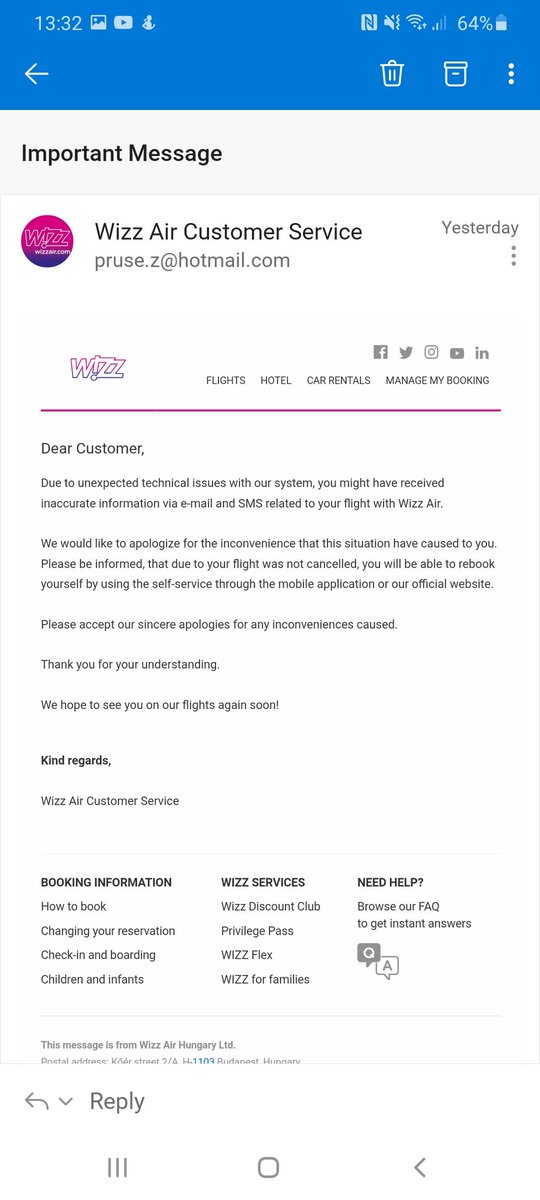 zaniitc's tweet photo. @wizzair received this email yesterday, earlier that day I received email about cancellation of my flights so I changed them quickly so I wouldnt miss out, how can I change back without paying? https://t.co/H65ID1G3dr