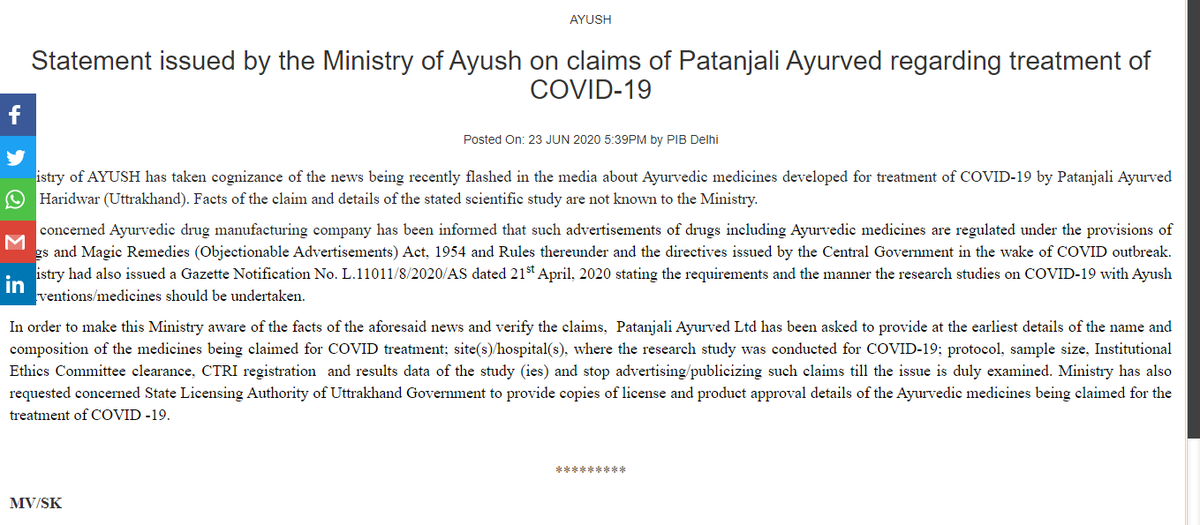 Statement issued by the Ministry of Ayush on claims of Patanjali Ayurved regarding treatment of COVID-19