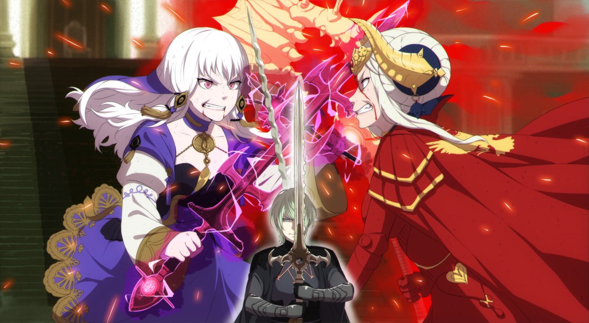"Twin Crests, Two Flames."

Lysithea and Edelgard duking it out while Byleth is busy being ominous 😅  
This is for my friend, <a href="/kenji11_04_94/">💍 Kenji</a> 
Went all out on this piece especially the background and I feel proud on how it turned out.

pixiv.net/en/artworks/82…
#FE風花雪月 #FE3H