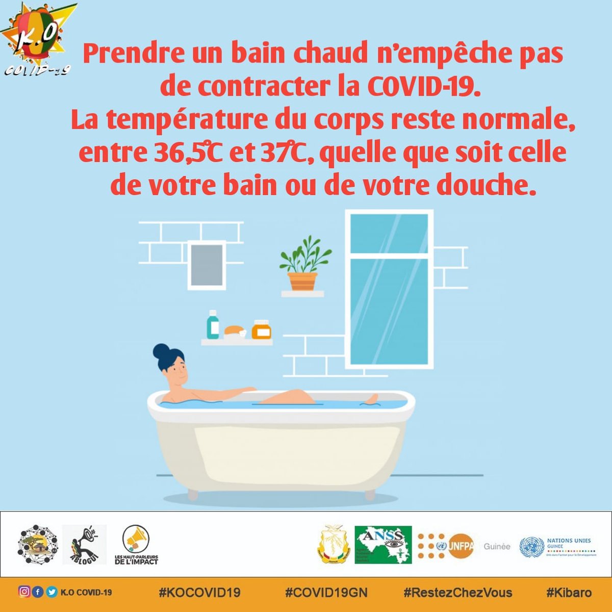 Prendre un bain chaud n’empêche pas de contracter la COVID-19. La température du corps reste normale, entre 36,5°C et 37°C, quelle que soit celle de votre bain ou de votre douche.
#KOCOVID19 #Kibaro #COVID19GN #RestezChezVous #GquiOse