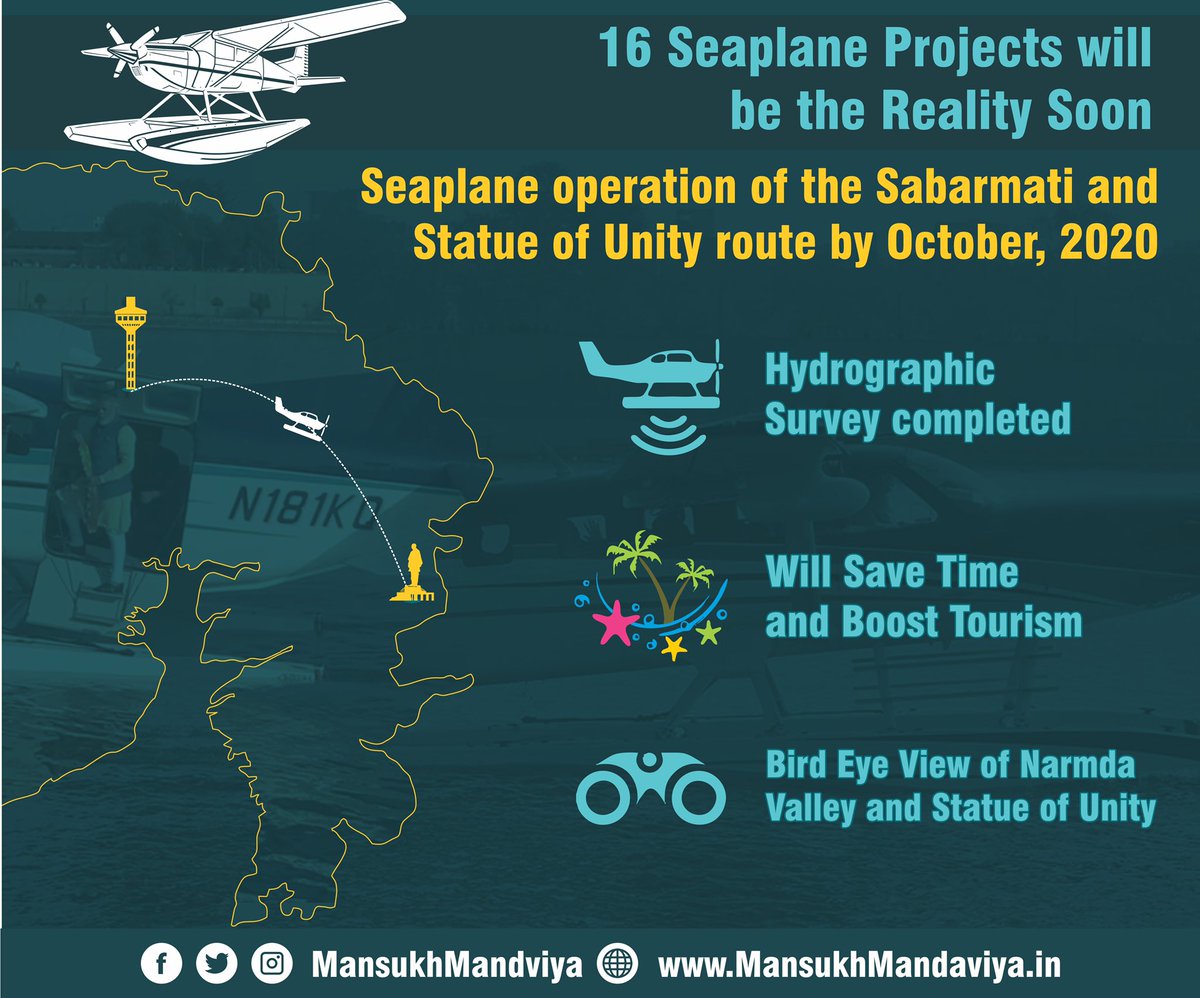 mansukhmandviya's tweet photo. ‘Changing the way India Moves- Waterways for India’s Progress’

16 seaplane routes identified under ‘UDAN’ scheme, which will boost tourism &amp; connectivity.

Seaplane operation btwn Sabarmati and Statue of Unity to start by October 2020. Hydrographic surveys are already completed. https://t.co/cYKQ6EUFrz
