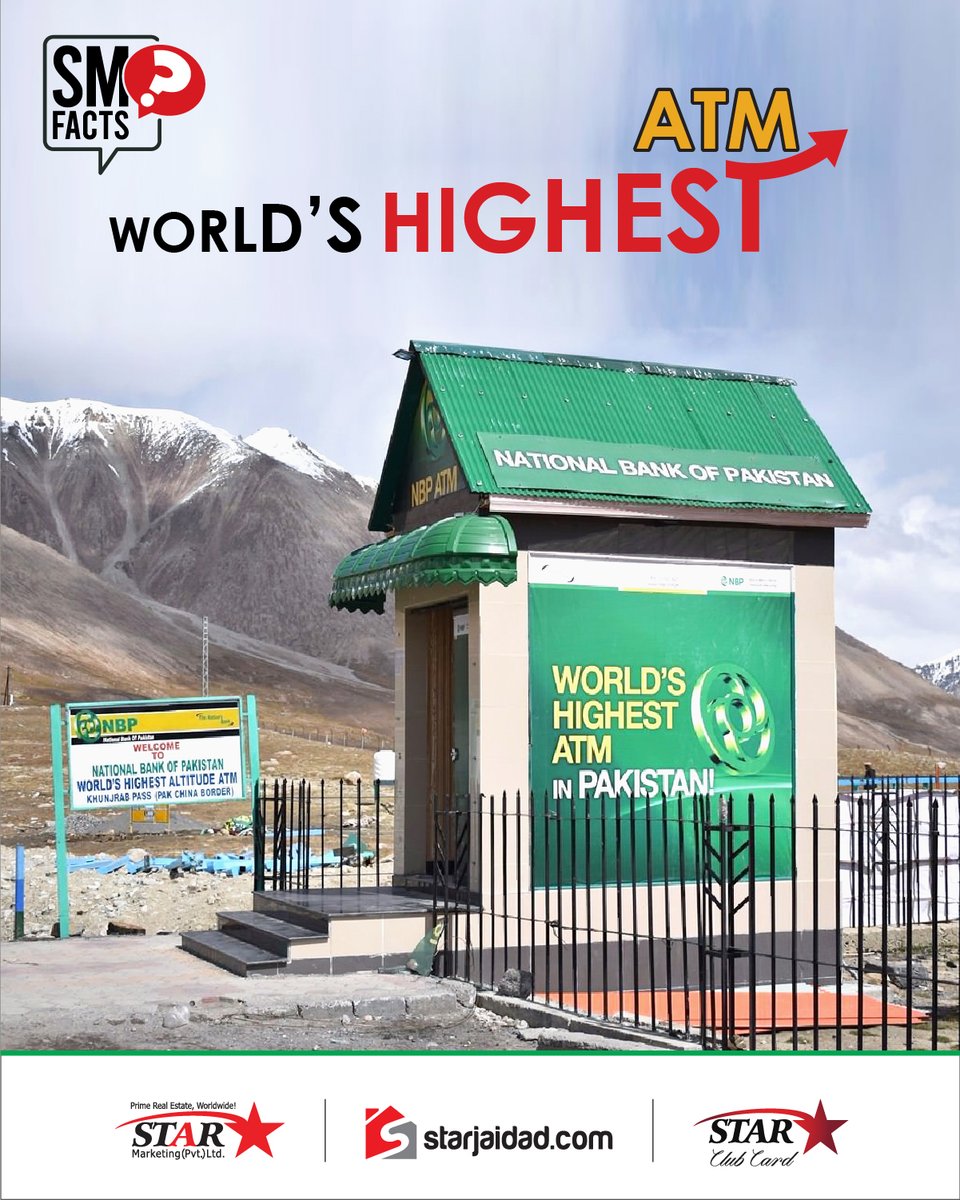 StarMarketingOn's tweet photo. #StarMarketingFacts:

The ATM, claimed the World's Highest by National Bank of Pakistan, is located at Khunjerab Pass on the mostly snow-capped part of Pakistan-China border at an altitude of 15,397 feet above the sea level.

#StarMarketing #PrimeRealEstate  #StarClubCard https://t.co/nT12gqLg59