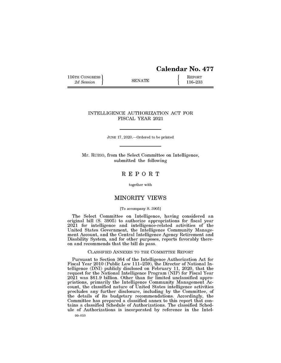 On June 17, 2020, the Senate Select Committee on Intelligence issued a report in which it set forth explicit direction to the Director of National Intelligence for preparation of a government-wide report on "anomalous aerial vehicles" within six months of enactment of S. 3905.